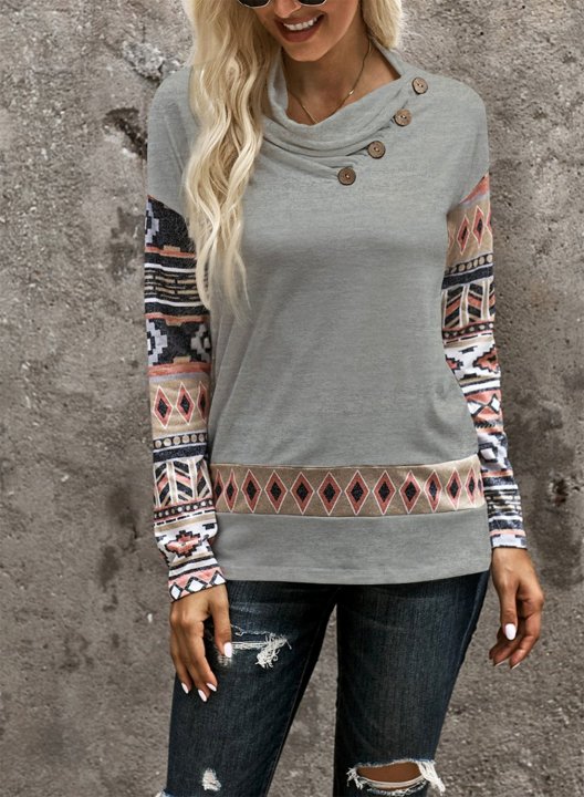 Color Block Long Sleeve Tribal Button Sweatshirt