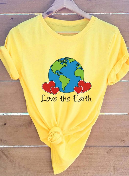 Women's Shirts Love The Earth Letter Graphic Short Sleeve Round Neck Casual Shirt