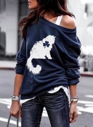 Women's St. Patrick's Day Cat Shamrock Print Sweatshirt Long Sleeve Cold-shoulder Daily T-shirt