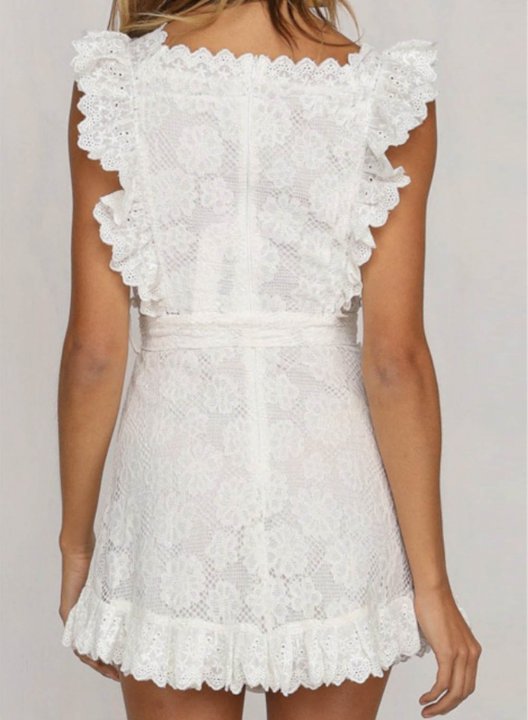 Women's Mini Dresses Solid Ruffle Belted Lace Sleeveless Square Neck Dress