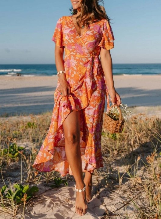 Women's Maxi Dress Floral Fit & Flare V Neck Short Sleeve Summer Daily Boho Maxi Dress