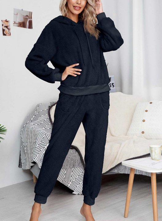 Women's Loungewear Sets Round Neck Long Sleeve Solid Hooded Two-Piece Pajama Sets