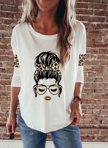 Women's T-shirts Portrait Print Leopard Long Sleeve Round Neck Daily T-shirt