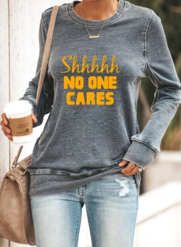 Women's Shhh No One Cares T-shirts Letter Print Long Sleeve Round Neck Casual T-shirt