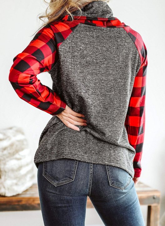 Fold Neck High Neck Long Sleeve Plaid Sweatshirt