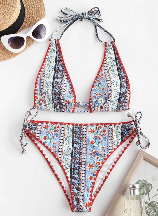 Women's Bikinis Tribal Multicolor High Waist Sleeveless Halter Padded Adjustable Wire-free Beach Bikini Suit