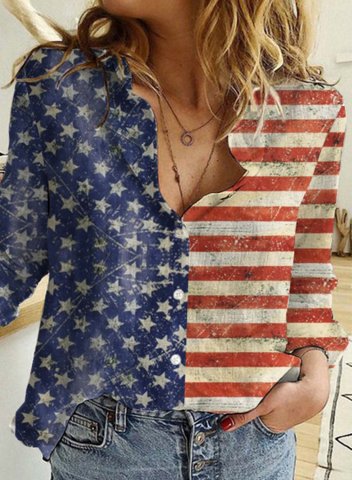Women's American Flag Blouses Button Long Sleeve Turn Down Collar Casual Daily Blouses