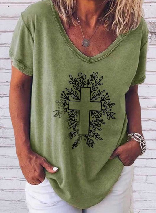 Women's T-shirts Geometric Fruits Plants Print Short Sleeve V Neck Daily T-shirt