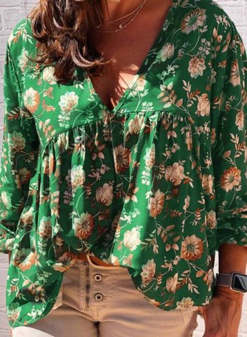 Women's Blouses Floral Long Sleeve V Neck Daily Vacation Beach Boho Blouse