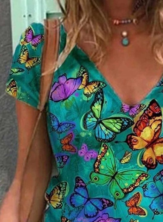 Women's T-shirts Butterfly Multicolor Pattern Short Sleeve V Neck Daily Casual T-shirt