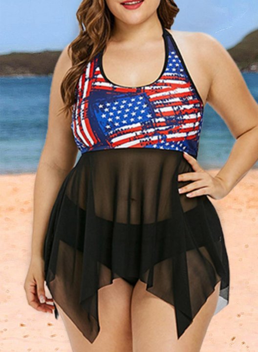 Women's Tankinis American Flag Mesh Plus Size Tankinis