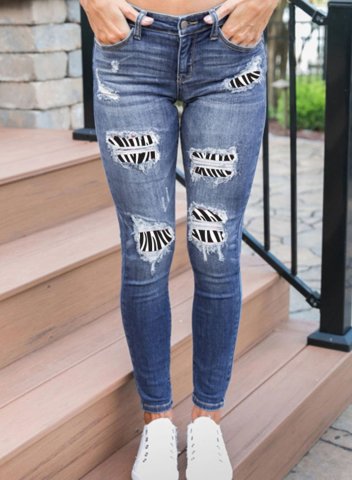 Women's Jeans Slim Animal Print Mid Waist Daily Full Length Casual Ripped Jeans