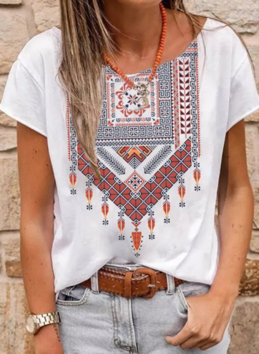 Women's T-shirts Tribal Round Neck Short Sleeve Summer Casual Daily T-shirts