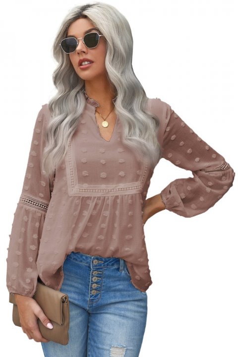 Ruffled Split Neck Lace Hollow Out Puff Sleeve Polka Dot Blouse