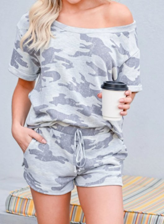 Women's Loungewear Sets Camouflage Short Sleeve Round Neck Pencil Short Drawstring Casual Summer Loungewear Sets