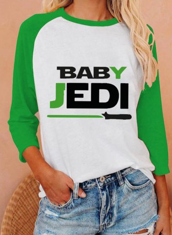 Women's Baby Jedi Print T-shirts Color Block Letter 3/4 Sleeve Round Neck Casual Star Wars Fans T-shirt