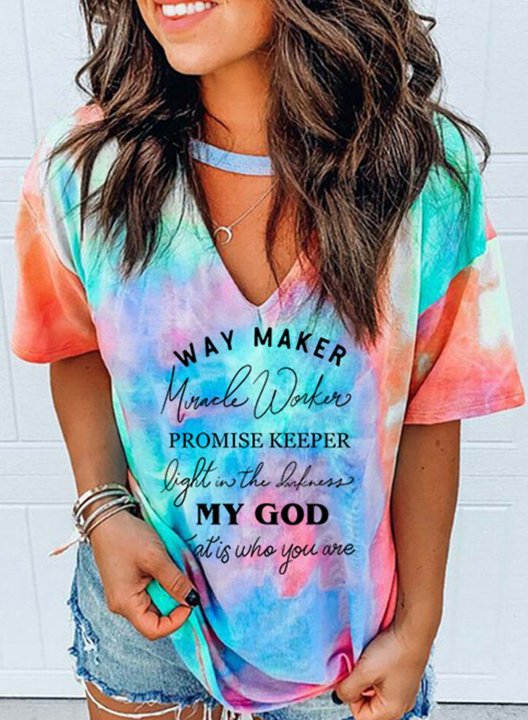 Women's Way Maker Miracle Worker Promise Keepe T-shirts Tie Dye V Neck Short Sleeve Summer Casual Daily T-shirts