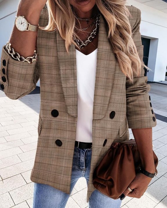 Women's Houndstooth Casual Long Sleeve Lapel Double Breasted Work Office Blazer Jacket