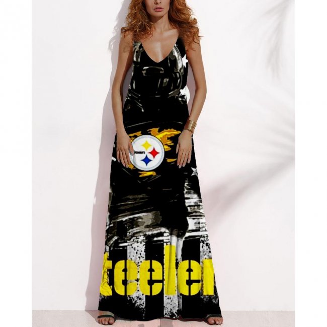 Women's Summer PITTSBURGH STEELERS Fan Print V-neck Sleeveless Loose Long A-line Dress