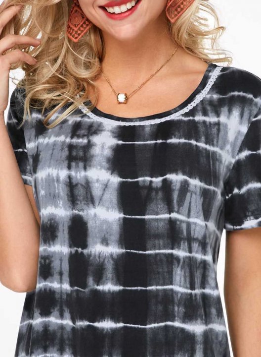 Women's T-shirts Lace Striped Tiedye Short Sleeve Round Neck Daily Casual T-shirt