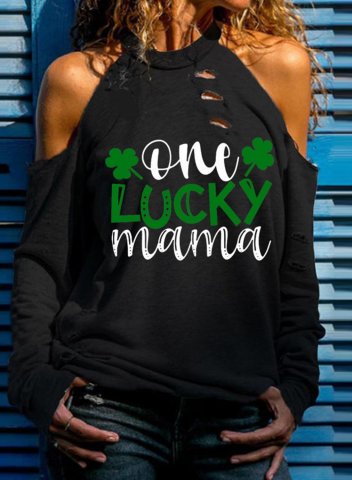 Women's St Patricks Sweatshirt Cold Shoulder One Lucky Mama Letter Round Neck Long Sleeve Casual Daily Pullovers