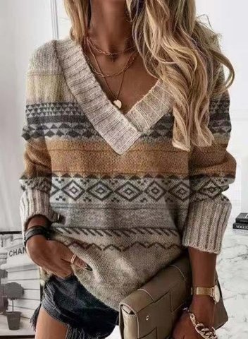 Women's Geometric Aztec Sweaters V Neck Long Sleeve Geometric Casual Daily Sweaters