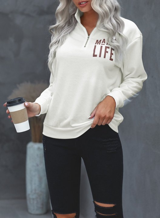 Solid Long Sleeve Letter V Neck Zip Front Sweatshirt