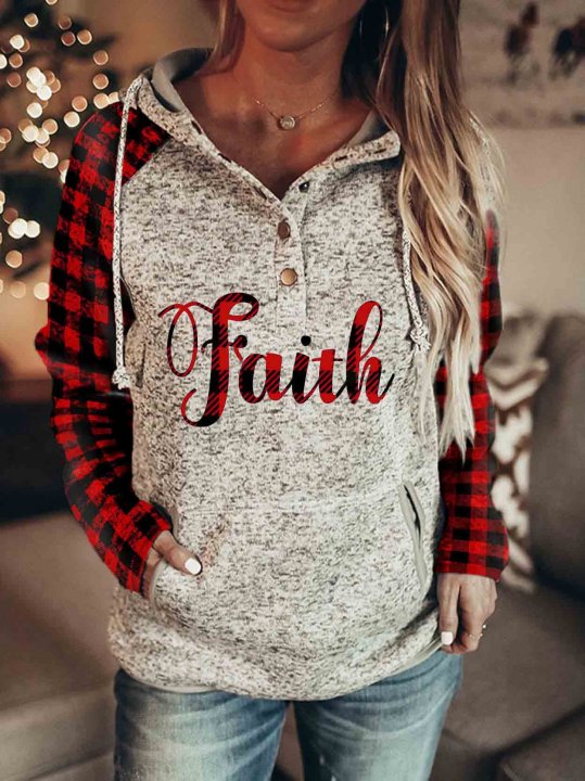 Women's Faith Printed Plaid Sleeve Hoodie