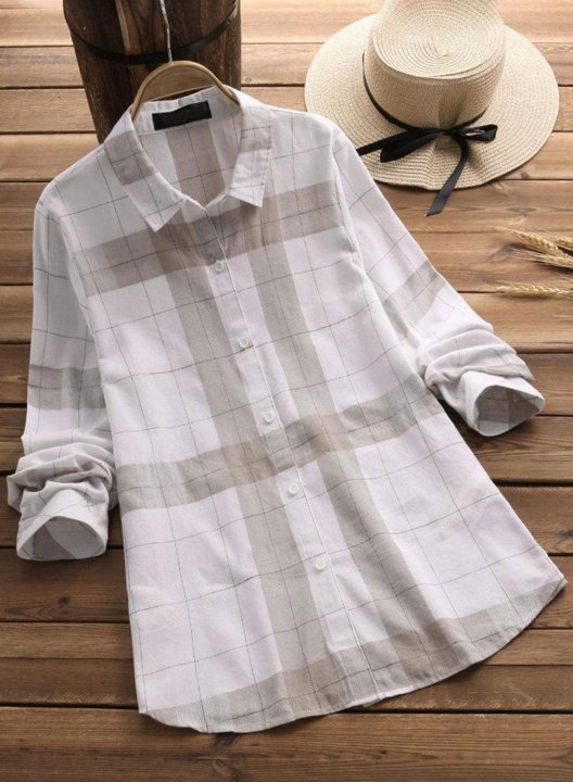 Women's Shirts Plaid Long Sleeve Turn Down Collar Office Vintage Shirt