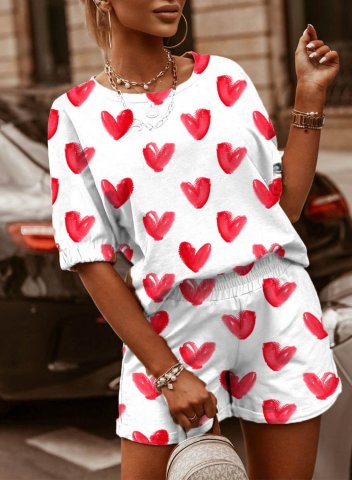 Women's Shorts Suits Color Block Heart-shaped Short Sleeve Round Neck Short 2 Piece Suit
