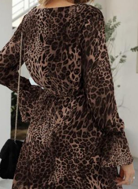 Women's Mini Dresses Fashion Leopard Long Sleeve A-line V Neck Daily Vintage Criss Cross Ruffle Dress