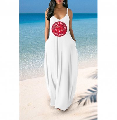 Small V-neck Boston Red Sox Team Print Sleeveless Sling Long Loose Dress