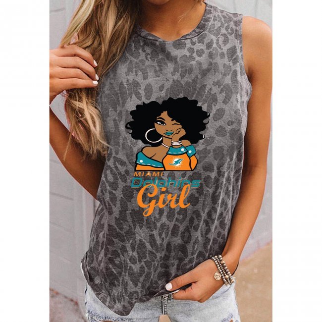 Miami Dolphins Round Neck sleeveless Leopard Print T-Shirt