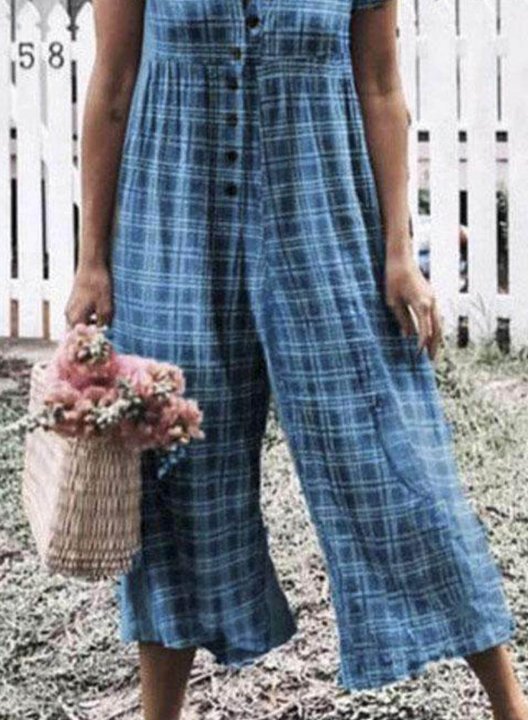 Women's Jumpsuits Plaid Wide Leg High Waist Short Sleeve Ankle-length Summer Jumpsuits