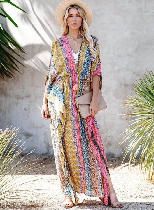 Women's Maxi Dress Tribal Color Block A-line Half Sleeve V Neck Split Knot Vintage Beach Maxi Dress