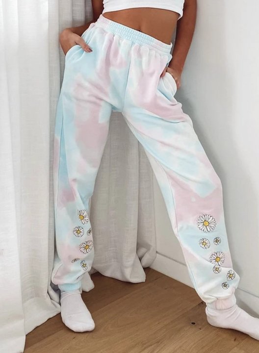 Women's Tie Dye Joggers Sunflower Print Daily Mid Waist Running Sweatpants