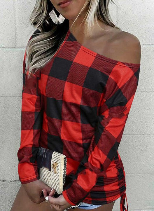 Women's Plaid T-Shirt Off Shoulder Long Sleeve Casual Daily Sweatshirt