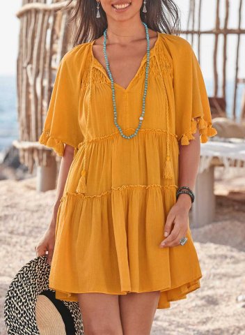 Women's Mini Dresses Fashion Solid Short Sleeve Fit & Flare V Neck Beach Tassels Casual Dress