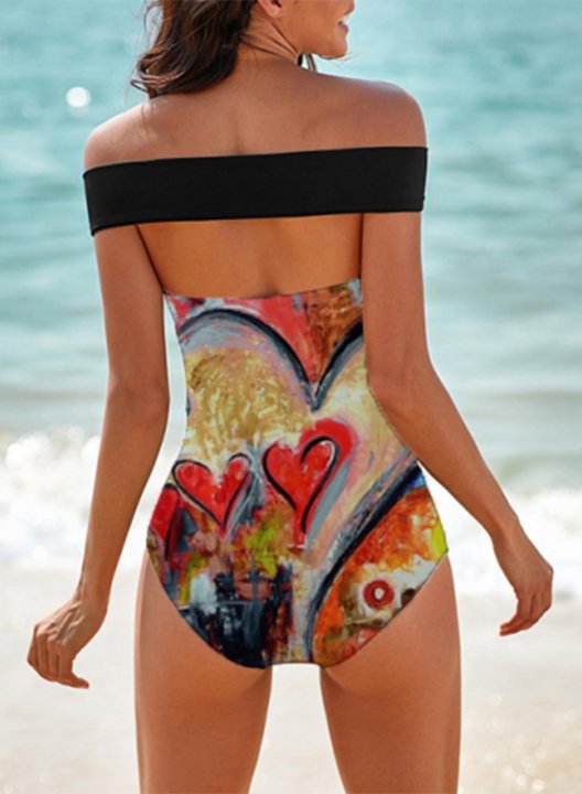 Women's One Piece Swimwear Heart-shaped Print Off Shoulder One-Piece Swimsuit