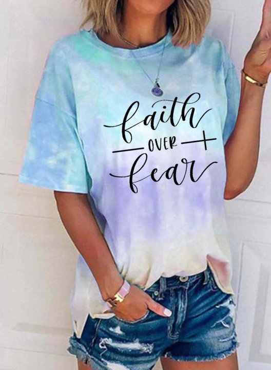 Women's Faith over Fear Tie Dye T-shirts Color Block Letter Round Neck Short Sleeve Summer Casual Daily T-shirts