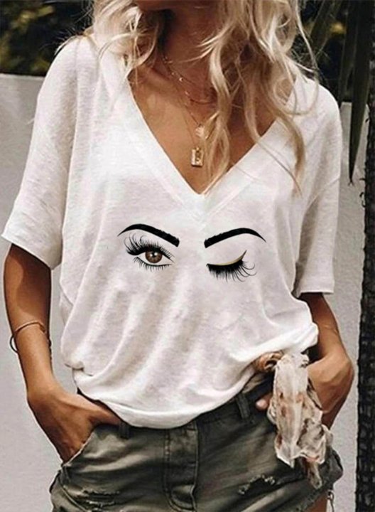 Women's T-shirts Portrait Abstract Solid V Neck Short Sleeve Daily T-shirts