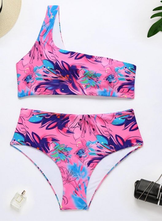 Women's Tankinis Floral High Waist One shoulder Padded Vacation Tankini Set