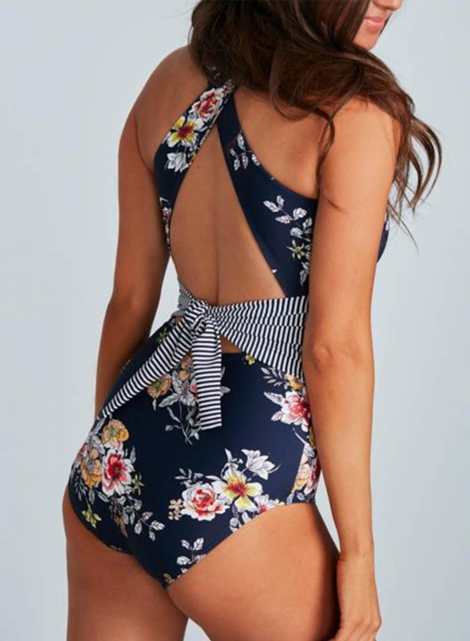 Women's One-Piece Swimsuits One-Piece Bathing Suits Floral Striped Halter Belt Casual Swimsuits