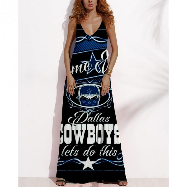 Women's Summer DALLAS COWBOYS Fan Print V-neck Sleeveless Loose Long A-line Dress