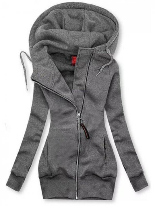 Gray Zipper Solid Hoodie Long Sleeve Outerwear