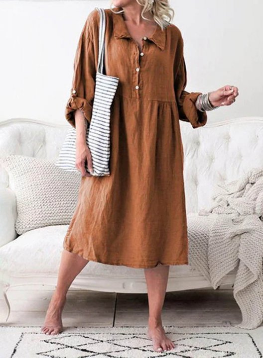 Women's Midi Dresses Solid Long Sleeve Turn Down Collar Casual Boho Midi Dress