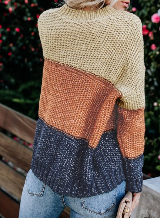 Women's Sweaters Color Block Netted Texture Pullover Sweaters