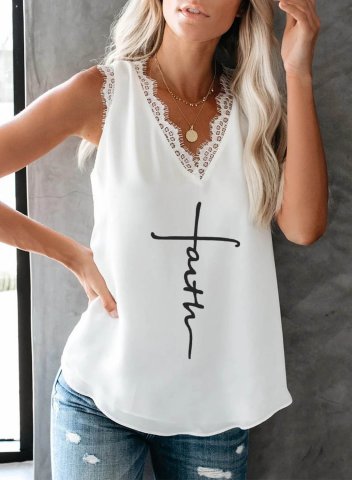 Women's Tank Tops Letter Sleeveless V Neck Lace Casual Daily Tank Top