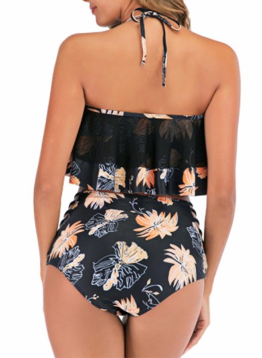 Women's Tankinis Floral Mid Waist U Neck Padded Cut Out Casual Tankini Set Suit