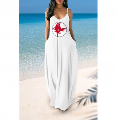 Small V-neck Boston Red Sox Team Print Sleeveless Sling Long Loose Dress